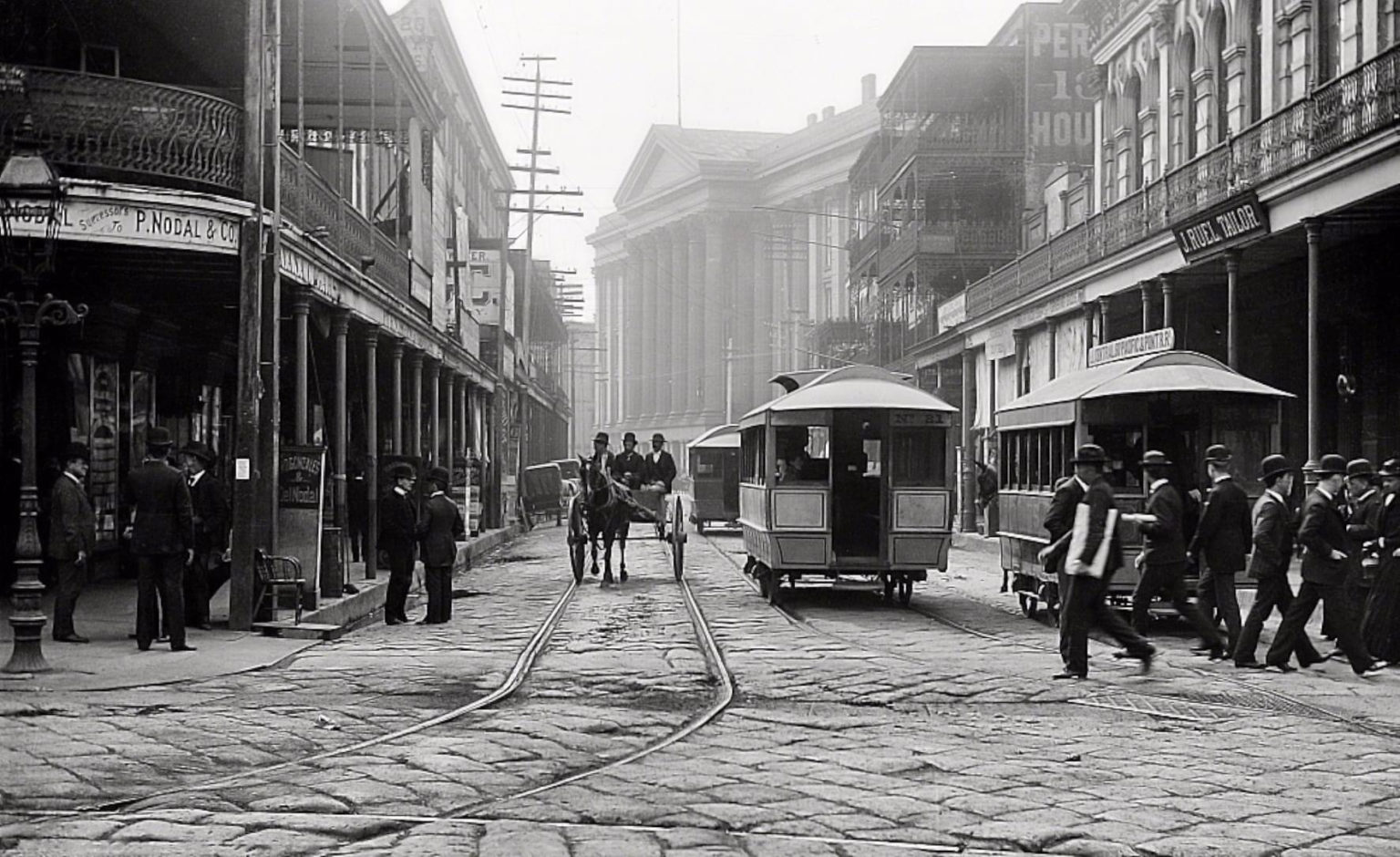St. Charles Avenue at junction with Canal Street, between 1880 and 1897, showing a green and crimson “Perley Thomas” streetcar