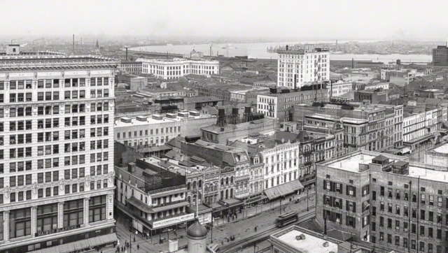 Panorama of New Orleans taken from the Hotel Grunewald in 1910. Part 1. (I had to split the panorama view into three parts. The complete panorama is made up of five individual photographic images joined together in the photographic studio)